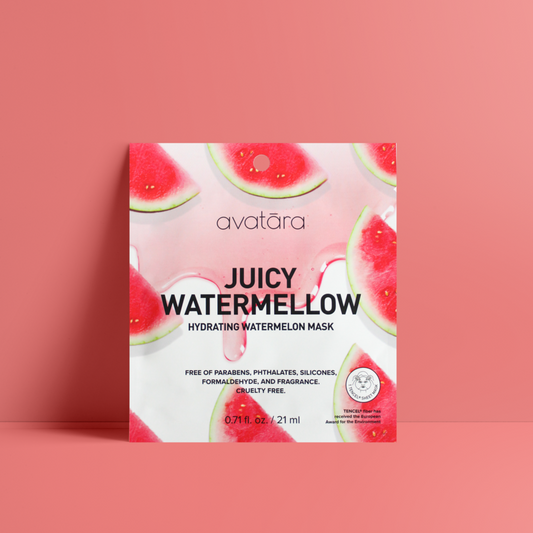 picture of avatara juicy watermellow hydrating watermelon mask packaging resting on a redish pink background