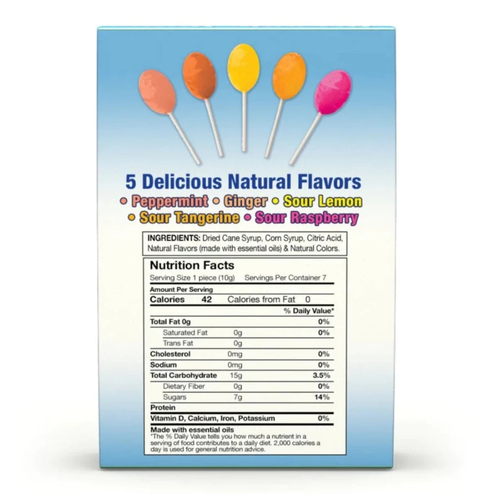 picture of the backside of the preggie pops packaging that shows the nutrition facts, shows an image of the five flavors and states 5 delicious natural flavors, peppermint, ginger, sour lemon, sour tangerine, sour raspberry