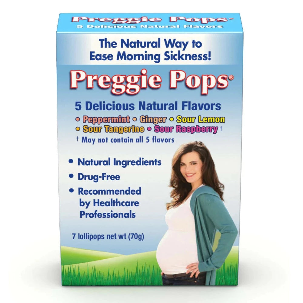 picture of the front packaging of three lollies preggie pops that state the natural way to ease morning sickness. 5 delicious natural flavors, peppermint, ginger, sour lemon, sour tangerine, sour raspberry. natural ingredients, drug free, recommended by healthcare professionals, 7 lollipops