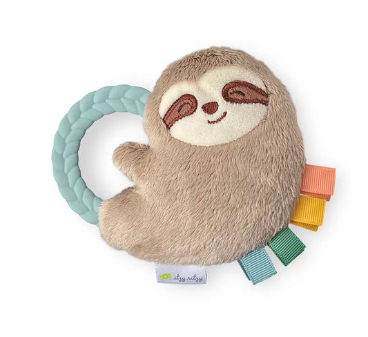 image of a rattle that is in the shape of a sloth that is brown with a tan face, a rubber blue teething ring, and green, light blue, yellow, and orange fabric tabs as hair on a white background