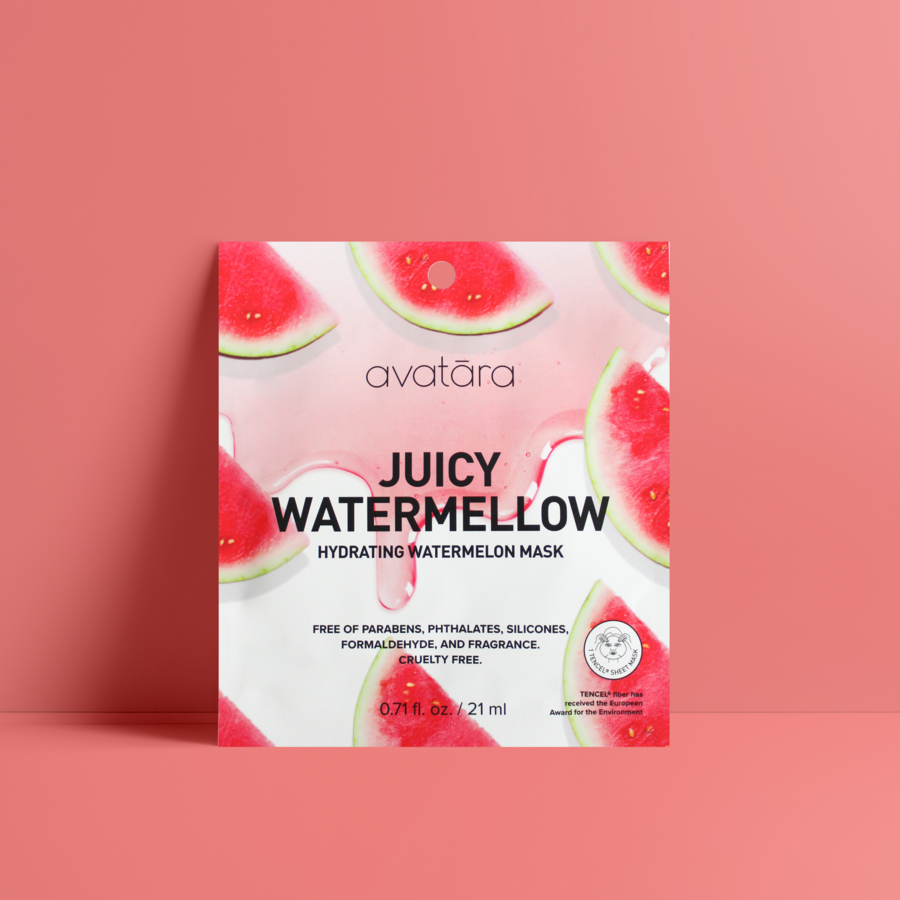 icture of avatara juicy watermellow hydrating watermelon mask packaging resting on a redish pink background