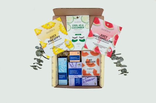 for mom gift box with the avatara juicy pineappy, cool as a cucumber, juicy watermellow, no baggage eye masks, and motherlove sitz bath spray, pregnant belly slave, birth and baby oil