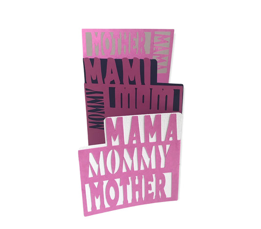 picture of a card that says mama, mommy, mmother, mom, mami that is pink cutouts on top of a white, dark blue, and brown background.