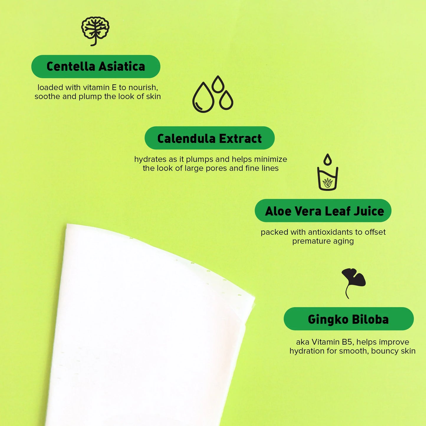 image of icons for the ingredients such as centella asiatica, calendula extract, aloe vera leaf juice, and gingko biloba