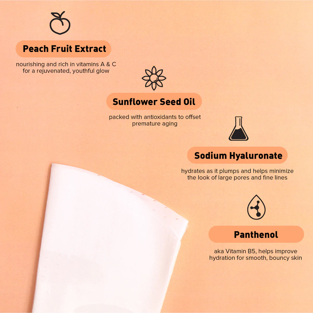  Image of the ingredients in the mask with icons of a peach, sunflower seed, beaker, and element. It states it has peach fruit extract, sunflower seed oil, sodium hyaluronate and panthenol