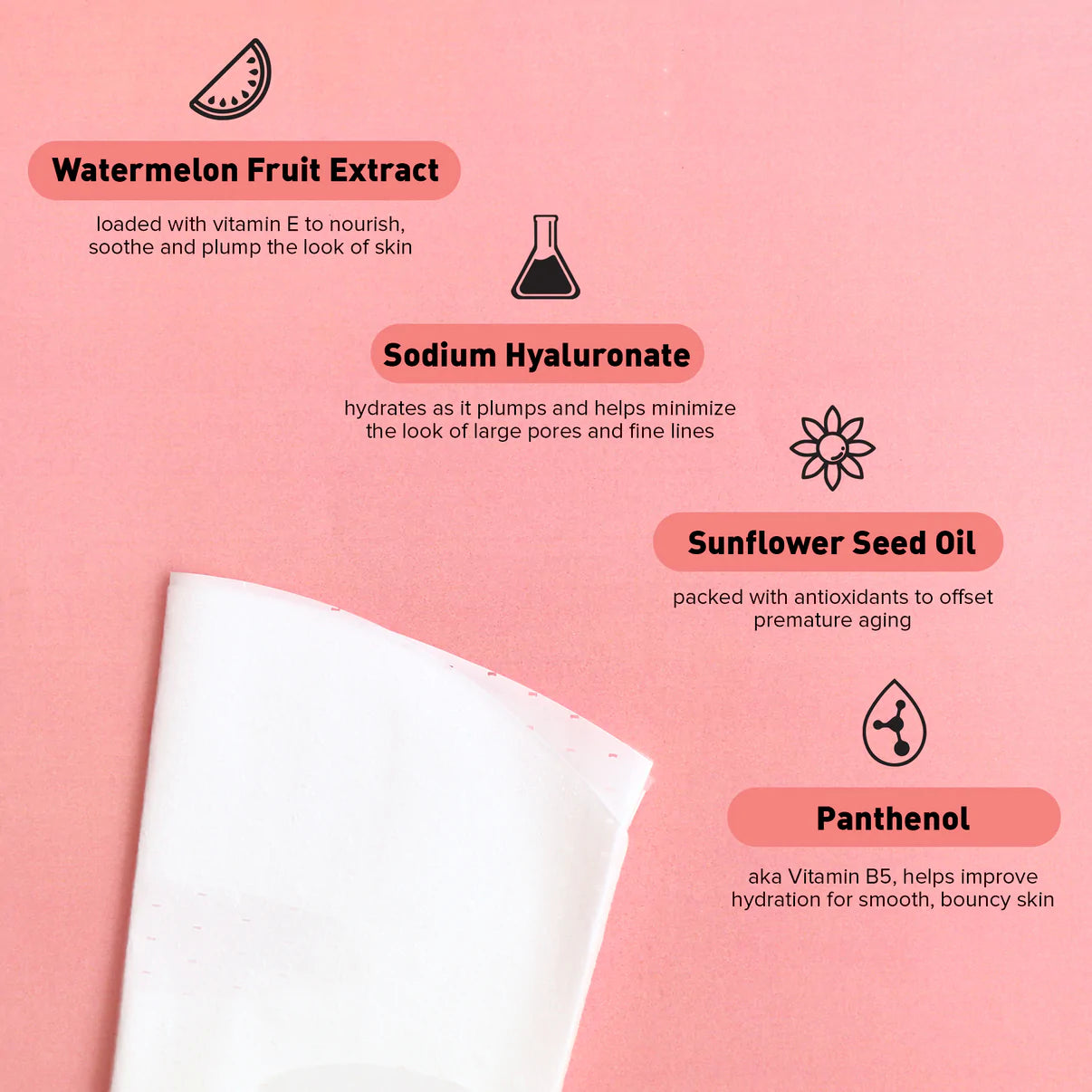 picture of the ingredients in the mask with a watermelon, beaker, sunflower, element icon representing a watermelon fruit extract, sodium hyaluronate, sunflower seed oil, and panthenol