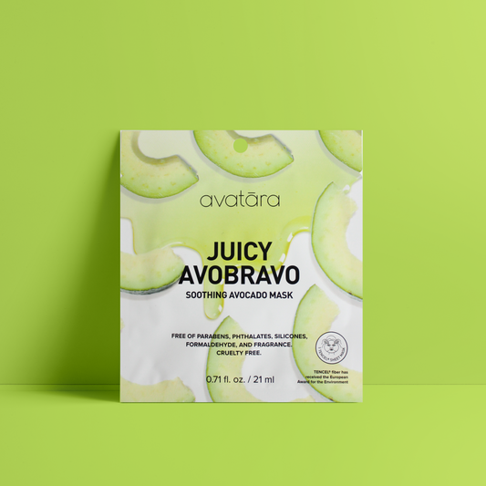 picture of the avatara juicy avobravo soothing avocado mask packaging resting on a bright green background