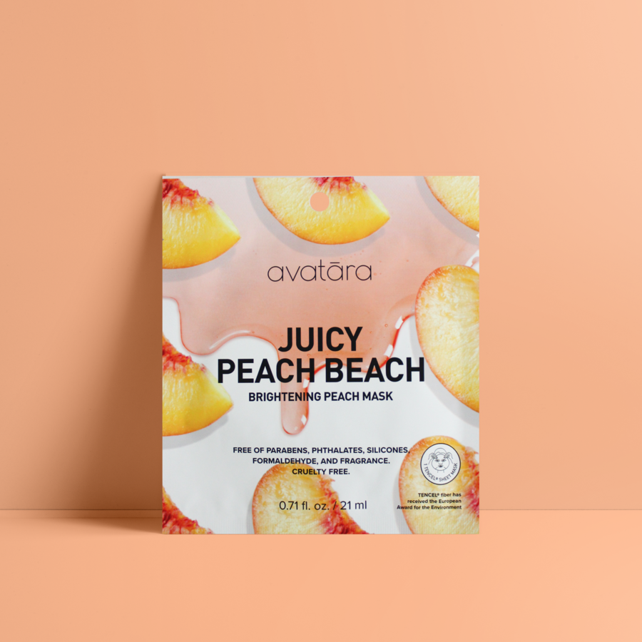 picture of the avatara juicy peach beach brightening peach mask packaging resting on a peach background