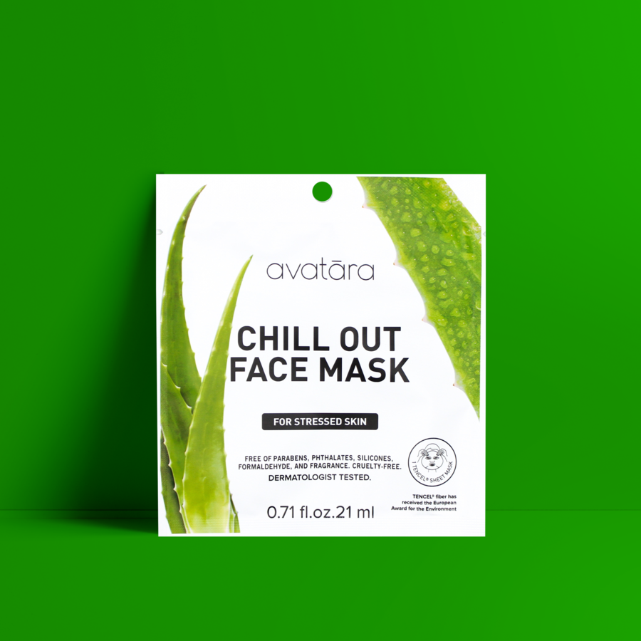 image of the avatara chill out face mask for stressed skin packaging on a bright green backgrounddce 