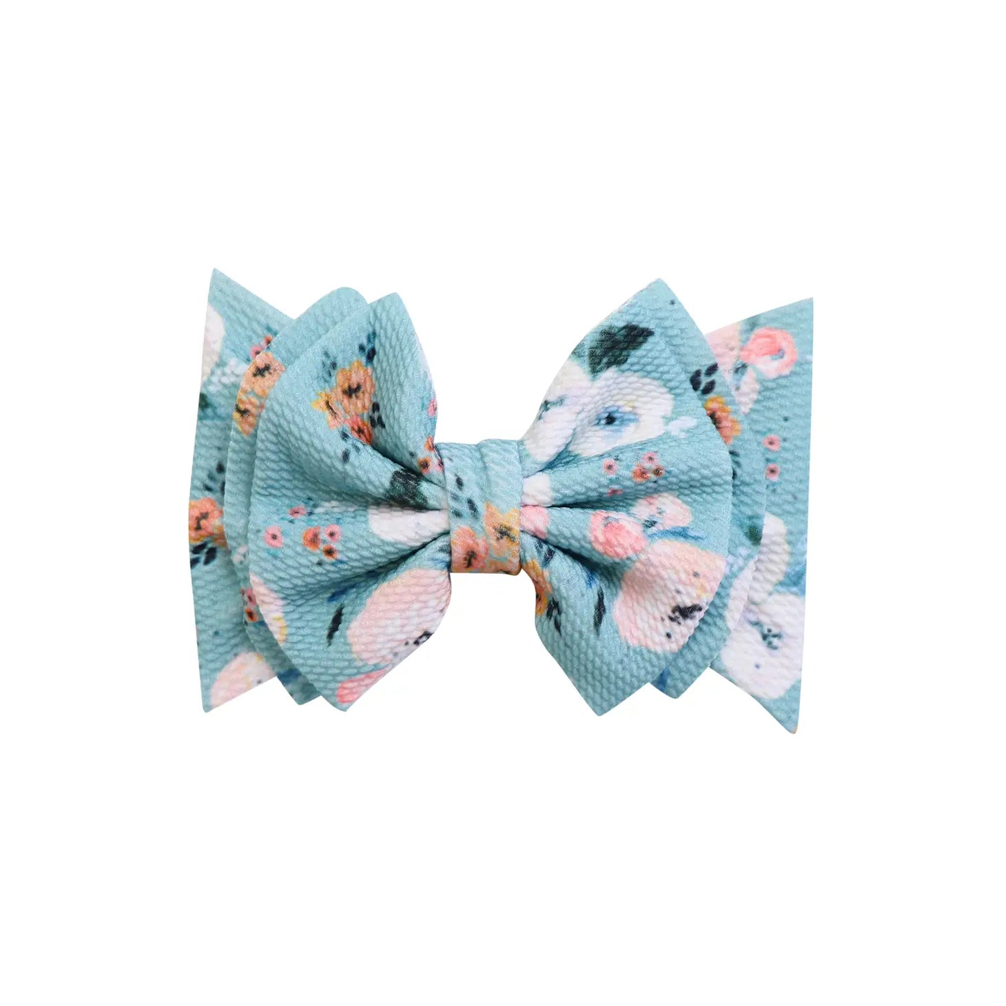 Picture of a big bow that is light blue with white, yellow, cream color flowers
