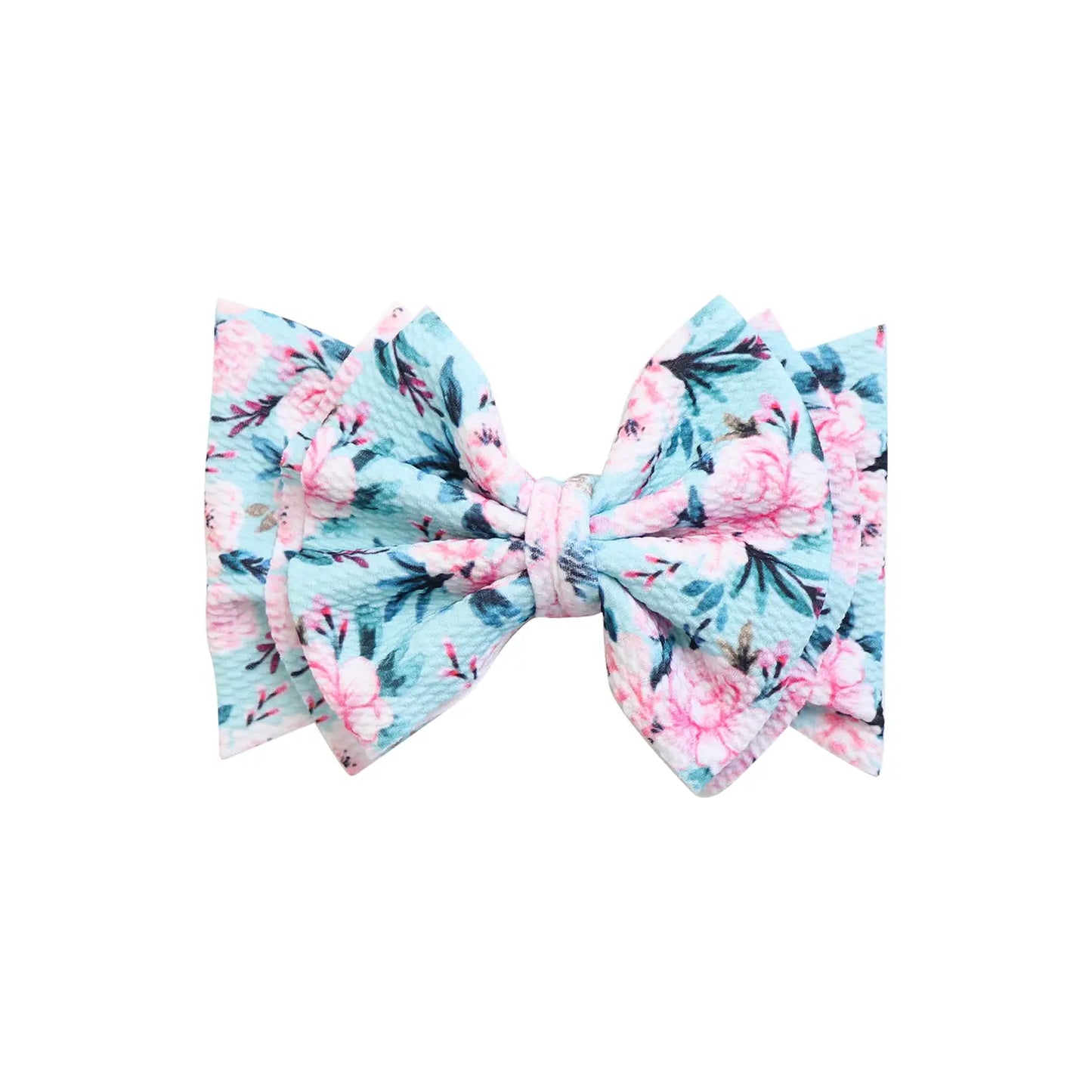 Big bow with a light blue background with  light pink and white flowers with blue and green leaves