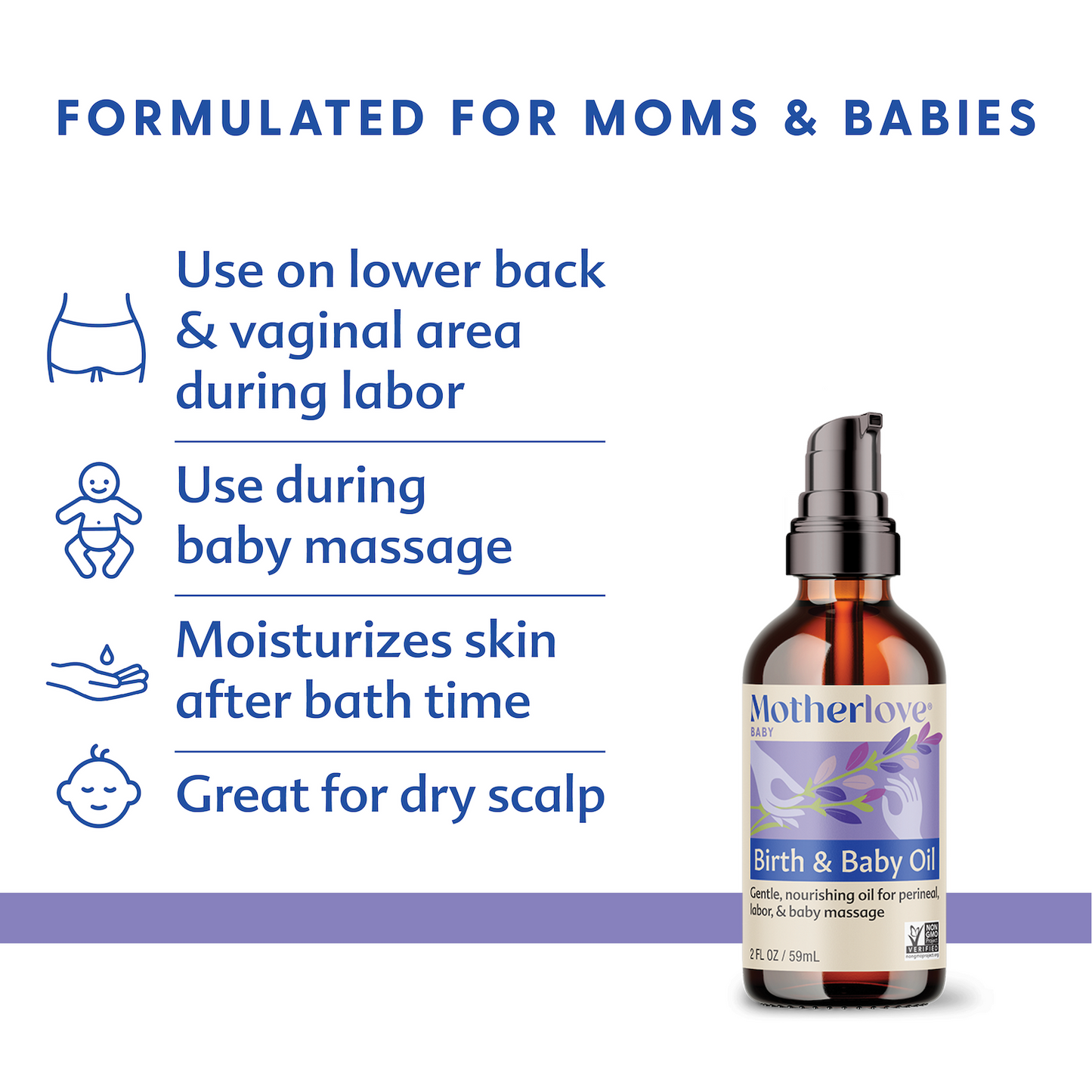 picture of a bottle of motherlove birth and baby oil and how it is formulated for moms and babies, use of lower back and vaginal area during labor, use during baby massage, moisturizes skin after bath time, great for dry scalp