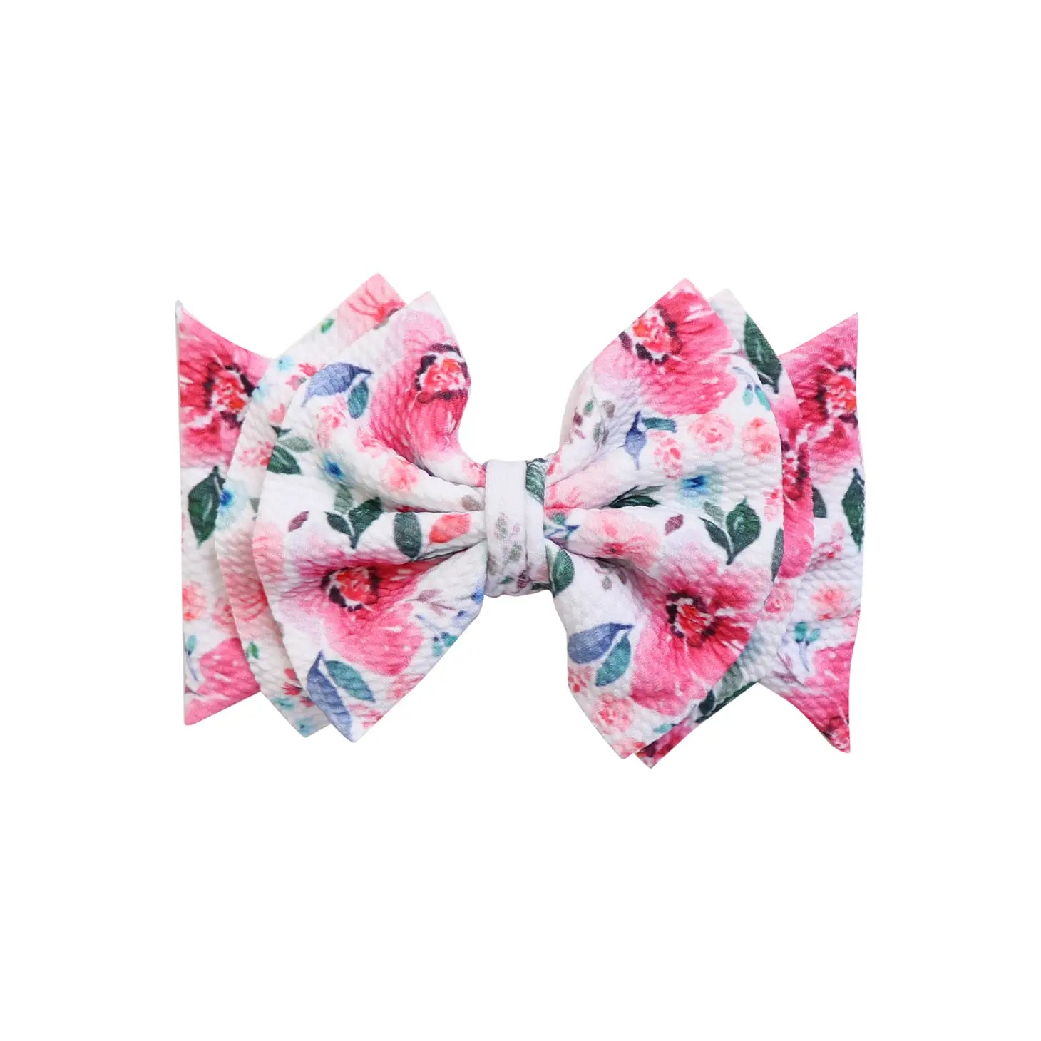 Picture of a big bow that is white with different color pink flowers, green and blue leaves