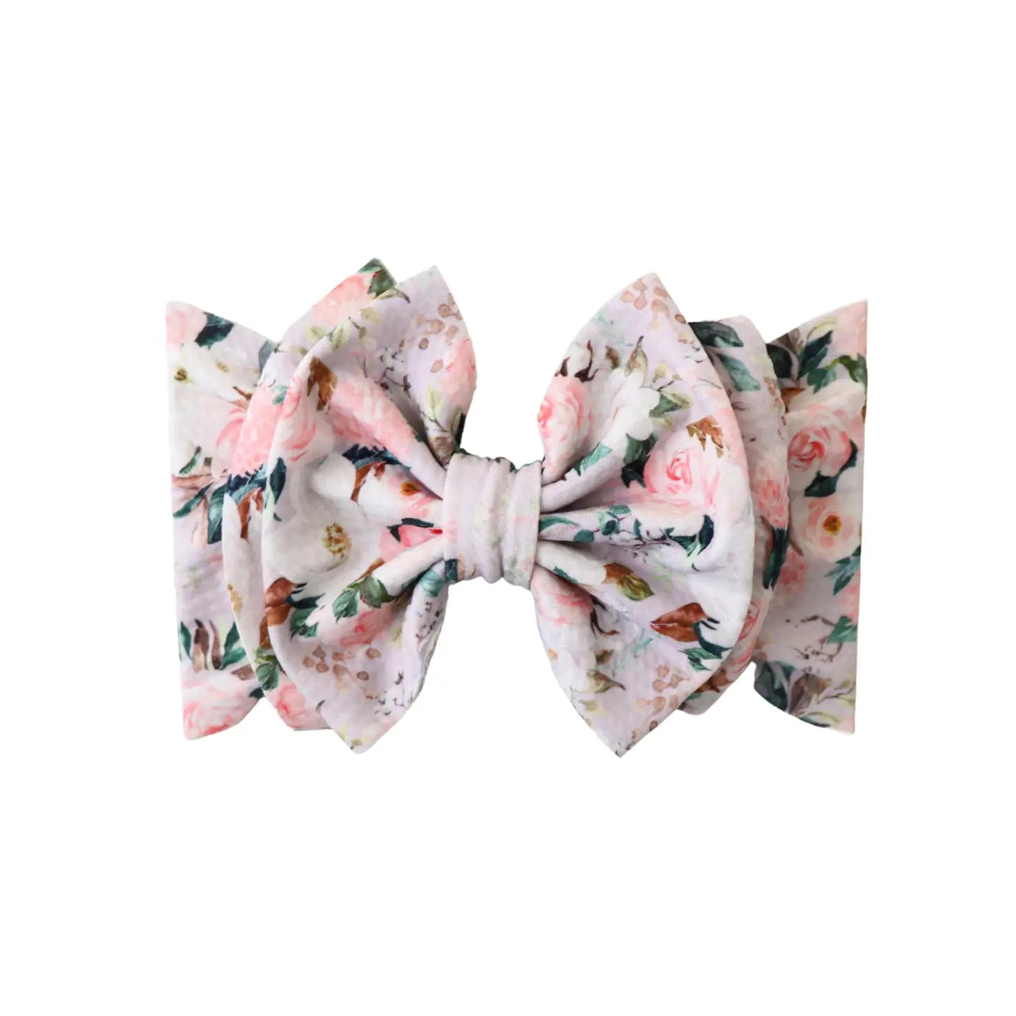 big bow with a white background and light pink and white flowers with green and brown leaves