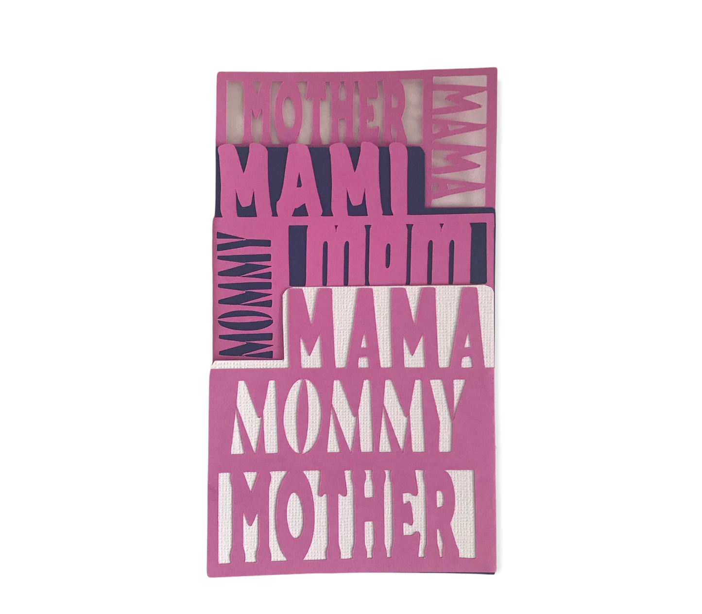 picture of a card that says mama, mommy, mmother, mom, mami that is pink cutouts on top of a white, dark blue, and brown background.