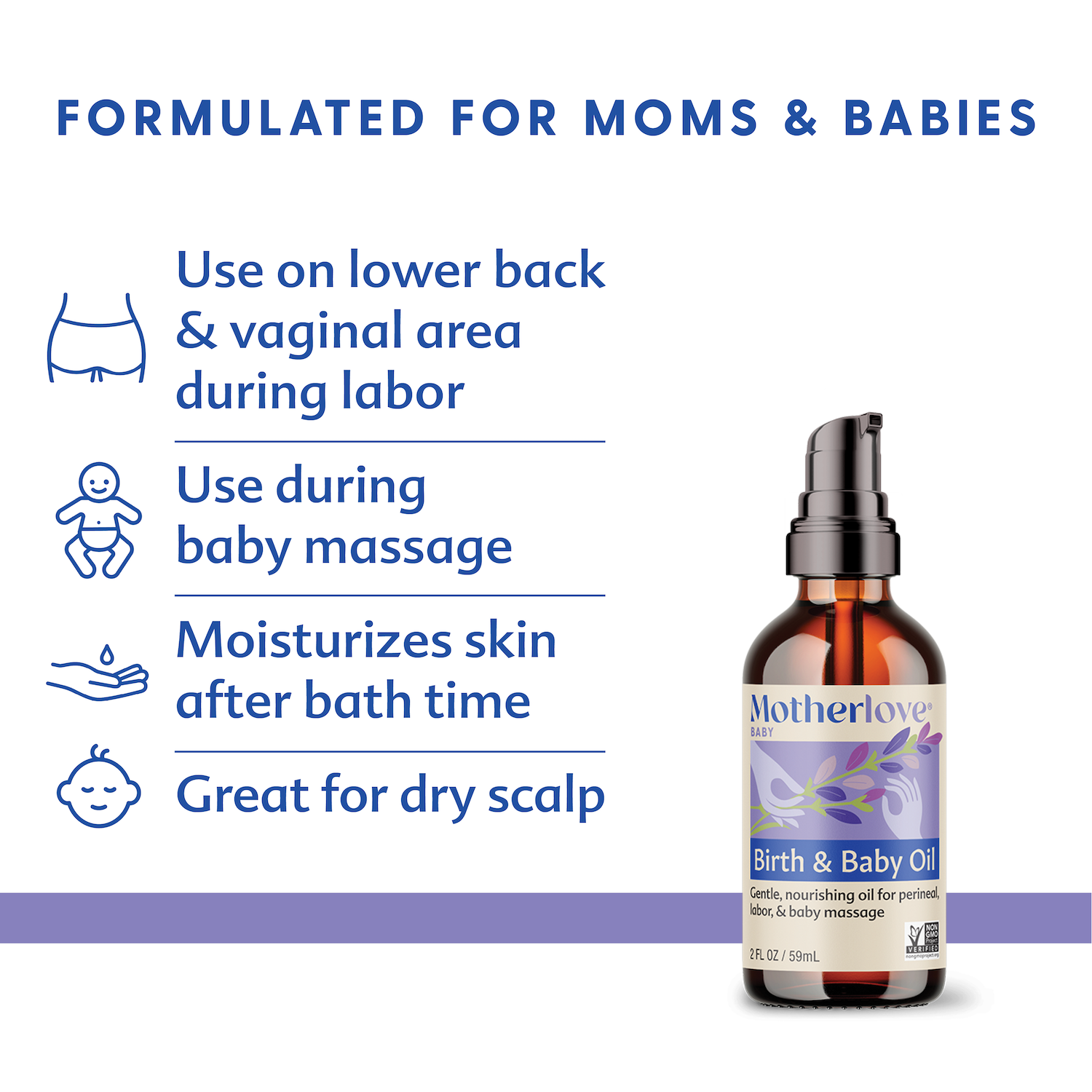 picture of a bottle of motherlove birth and baby oil and how it is formulated for moms and babies, use of lower back and vaginal area during labor, use during baby massage, moisturizes skin after bath time, great for dry scalp